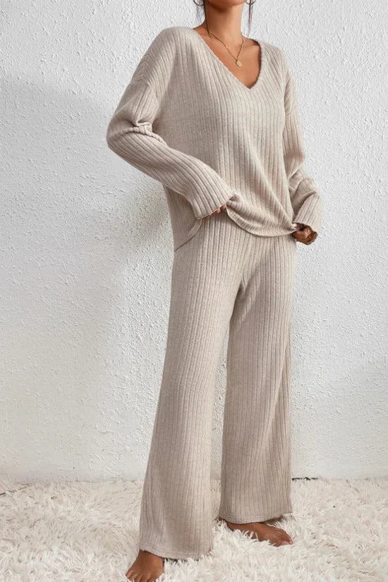 MEELANO Ribbet Loungewear-sæt til Kvinder – Blød Tekstur & Todelt Sæt