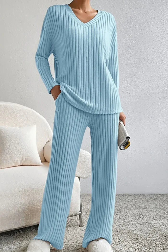 MEELANO Ribbet Loungewear-sæt til Kvinder – Blød Tekstur & Todelt Sæt Turkis