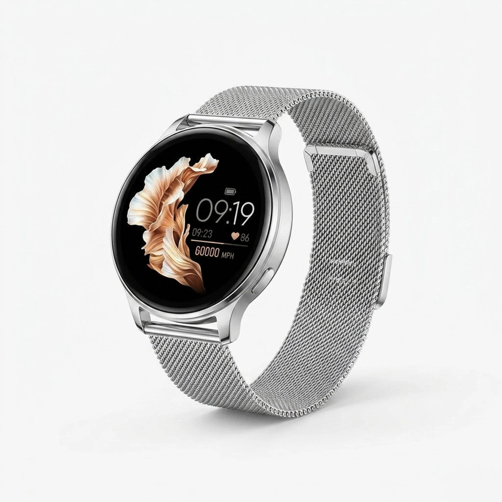 MEELANO Rundt Digitalt Fitness-Smartwatch – Smartwatch med Opkald, Mikrofon & Aktivitetssporing, Sort, Sølv eller Rosaguld – VeloSync Sølv