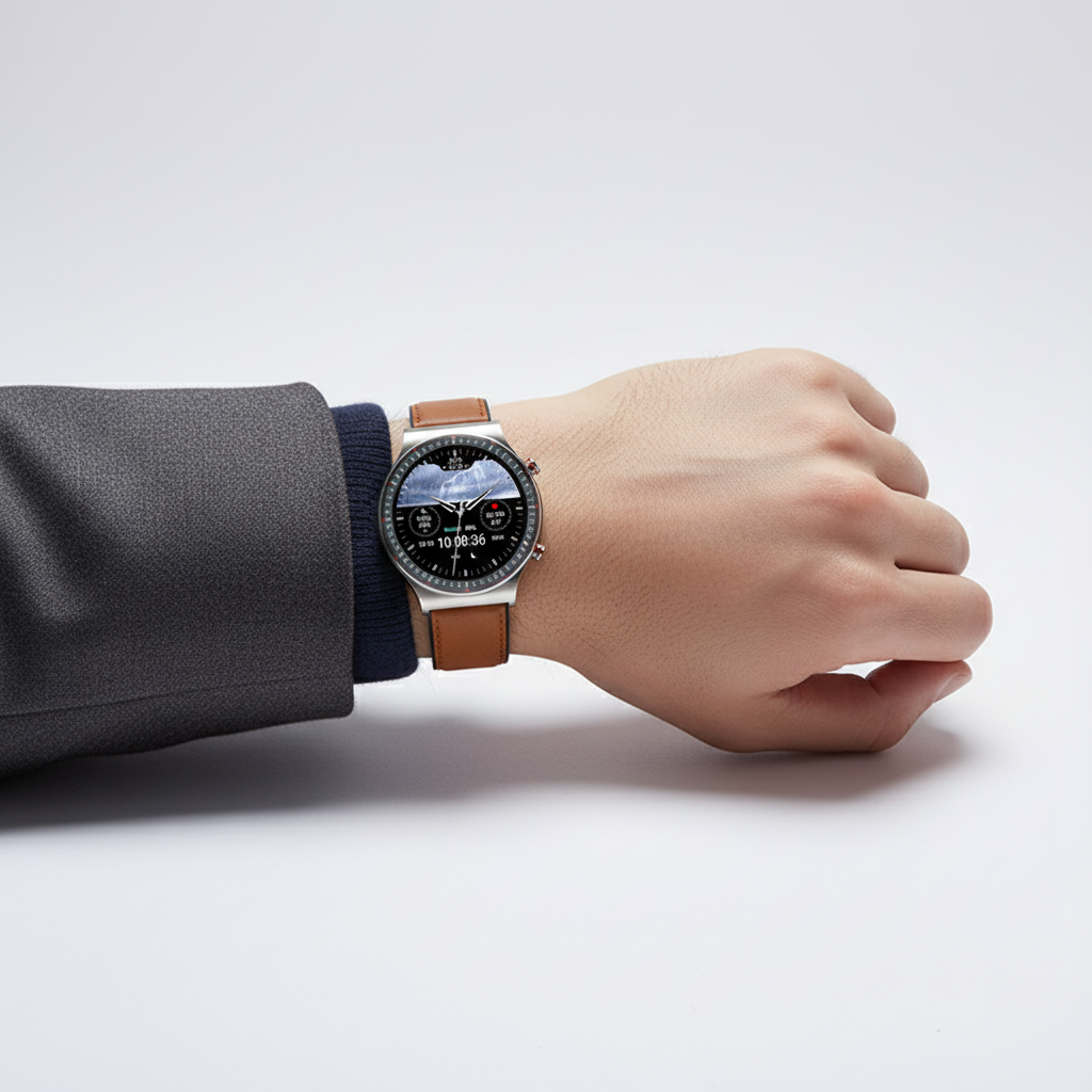 MEELANO Rundt Smartwatch med Sundhedssensorer – Klassisk Design med Puls, Iltmætning & Søvnmåling, 3 Remfarver – VitalWatch Premium sølv Khaki