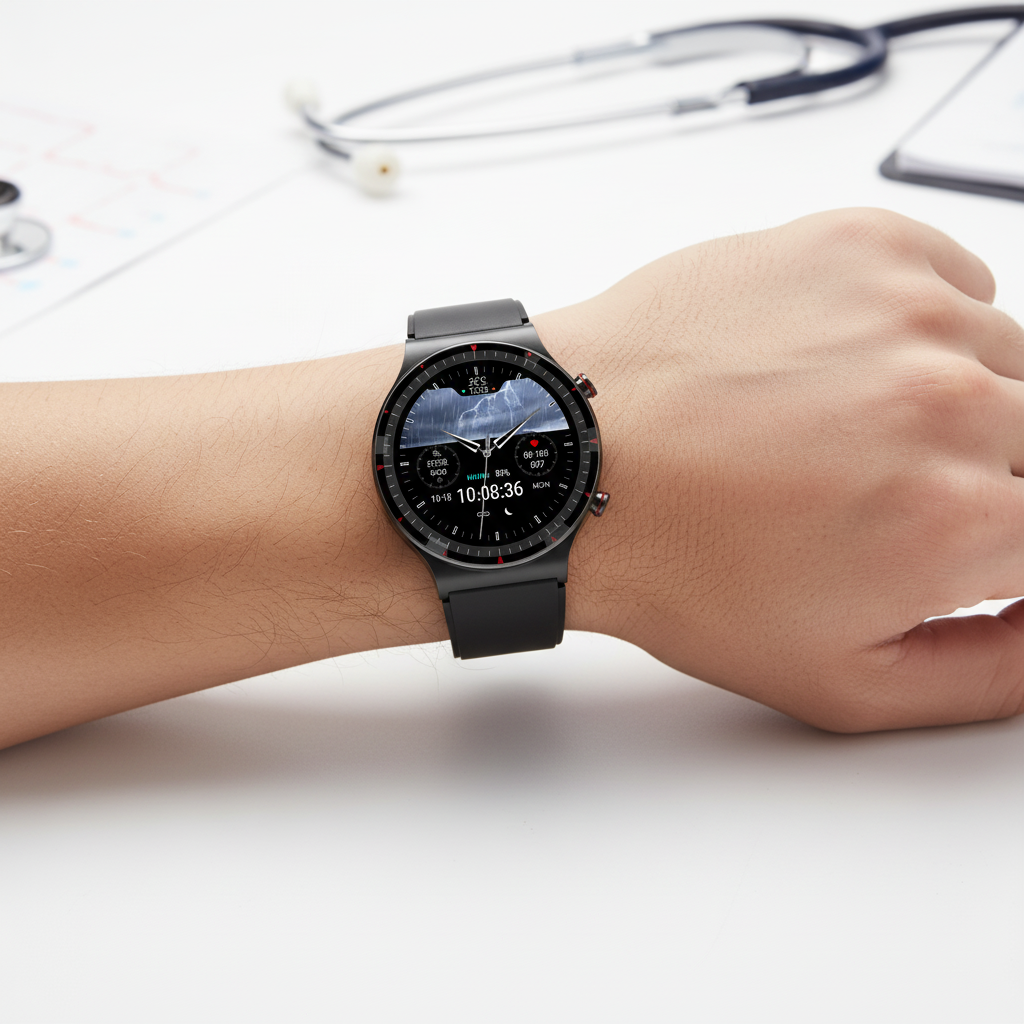 MEELANO Rundt Smartwatch med Sundhedssensorer – Klassisk Design med Puls, Iltmætning & Søvnmåling, 3 Remfarver – VitalWatch