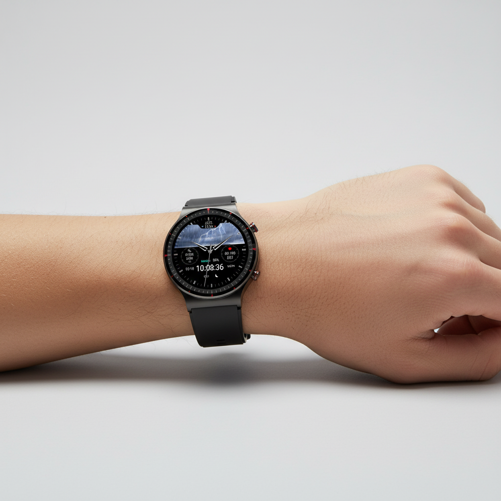 MEELANO Rundt Smartwatch med Sundhedssensorer – Klassisk Design med Puls, Iltmætning & Søvnmåling, 3 Remfarver – VitalWatch