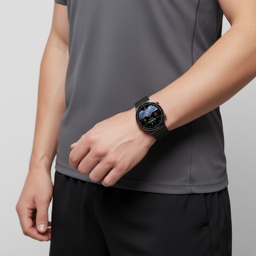 MEELANO Rundt Smartwatch med Sundhedssensorer – Klassisk Design med Puls, Iltmætning & Søvnmåling, 3 Remfarver – VitalWatch Klassisk sort Sort