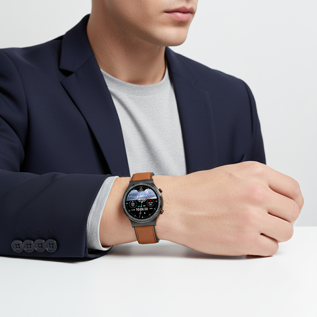 MEELANO Rundt Smartwatch med Sundhedssensorer – Klassisk Design med Puls, Iltmætning & Søvnmåling, 3 Remfarver – VitalWatch Klassisk sort Khaki