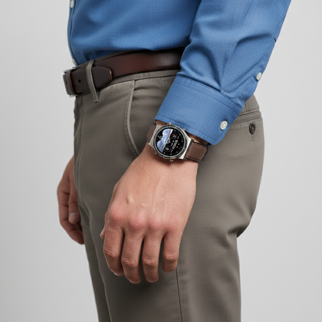 MEELANO Rundt Smartwatch med Sundhedssensorer – Klassisk Design med Puls, Iltmætning & Søvnmåling, 3 Remfarver – VitalWatch Premium sølv Brun