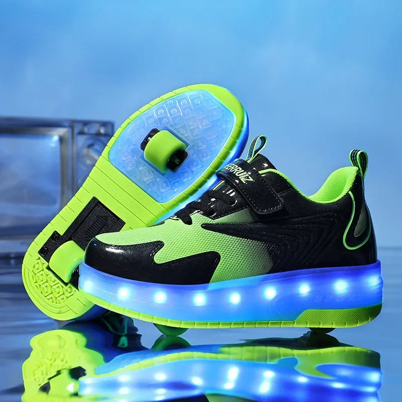 MEELANO LED Rulleskøjte-Sneakers til Børn – Lysende Sko med Hjul & Velcrolukning, 4 Farver, Str. 28–39 812 Grøn