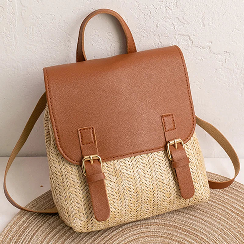 MEELANO Kvindernes Vintage Vævede Rygsæk Boho Sommer Strå Dagpack Brun