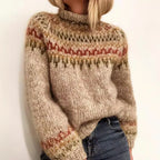 Dôre | Varm Dame Striktrøje med Rullekrave og Mønsterbånd - Klassisk Turtleneck Strik Sweater med Detaljer
