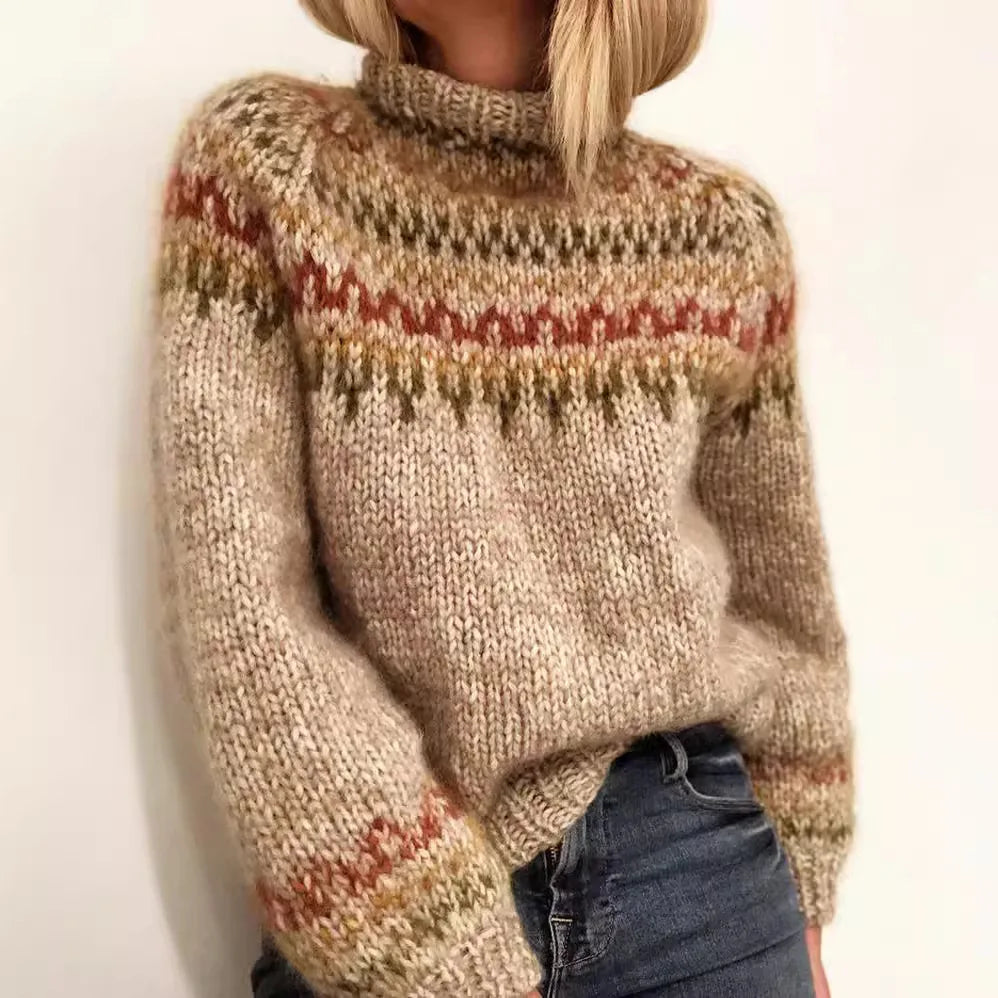Dôre | Varm Dame Striktrøje med Rullekrave og Mønsterbånd - Klassisk Turtleneck Strik Sweater med Detaljer