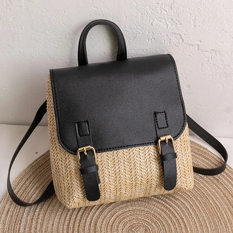MEELANO Kvindernes Vintage Vævede Rygsæk Boho Sommer Strå Dagpack Sort