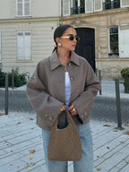 MEELANO Marianne | Dame Oversized Cropped Jakke - Kort & Rummelig Overgangsjakke Taupe