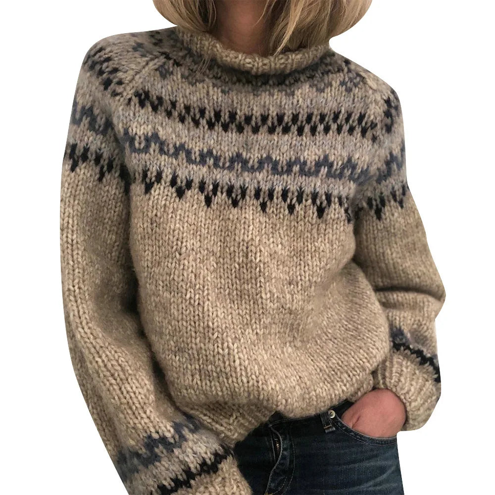 Dôre | Varm Dame Striktrøje med Rullekrave og Mønsterbånd - Klassisk Turtleneck Strik Sweater med Detaljer