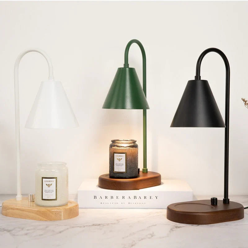 MEELANO Lysevarmer med Dæmper – Candle Warmer Lampe med Træfod & Metalskærm, Duftlys uden Åben Ild, inkl. 2 Pærer, 3 Farver