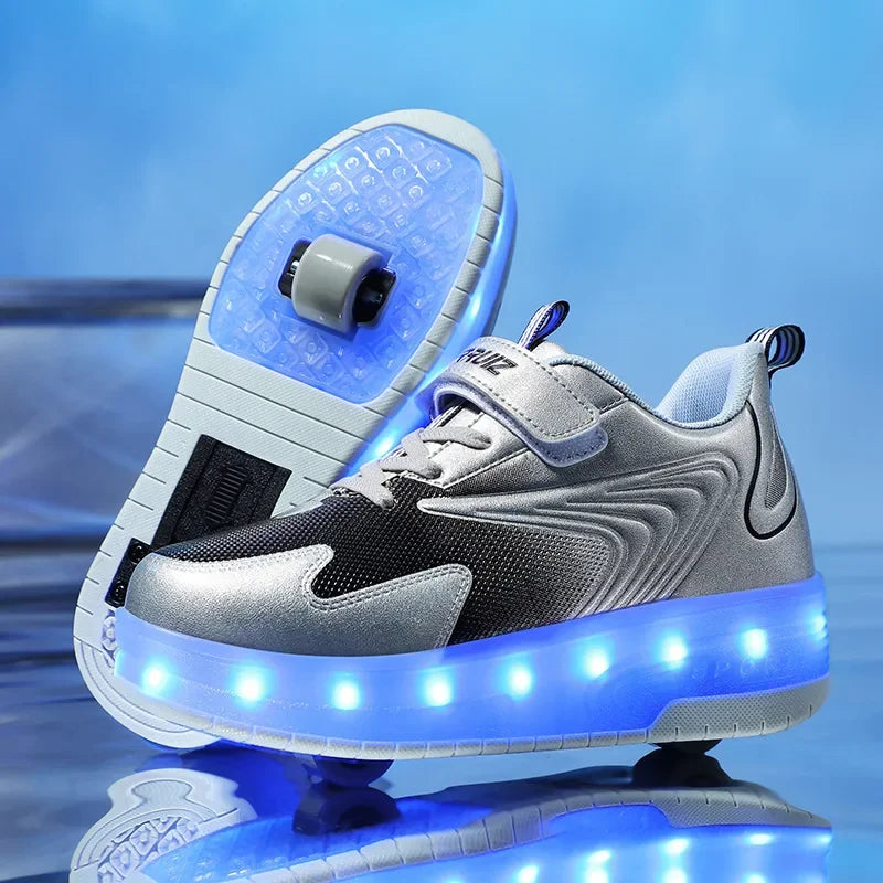 MEELANO LED Rulleskøjte-Sneakers til Børn – Lysende Sko med Hjul & Velcrolukning, 4 Farver, Str. 28–39 812 Sølv