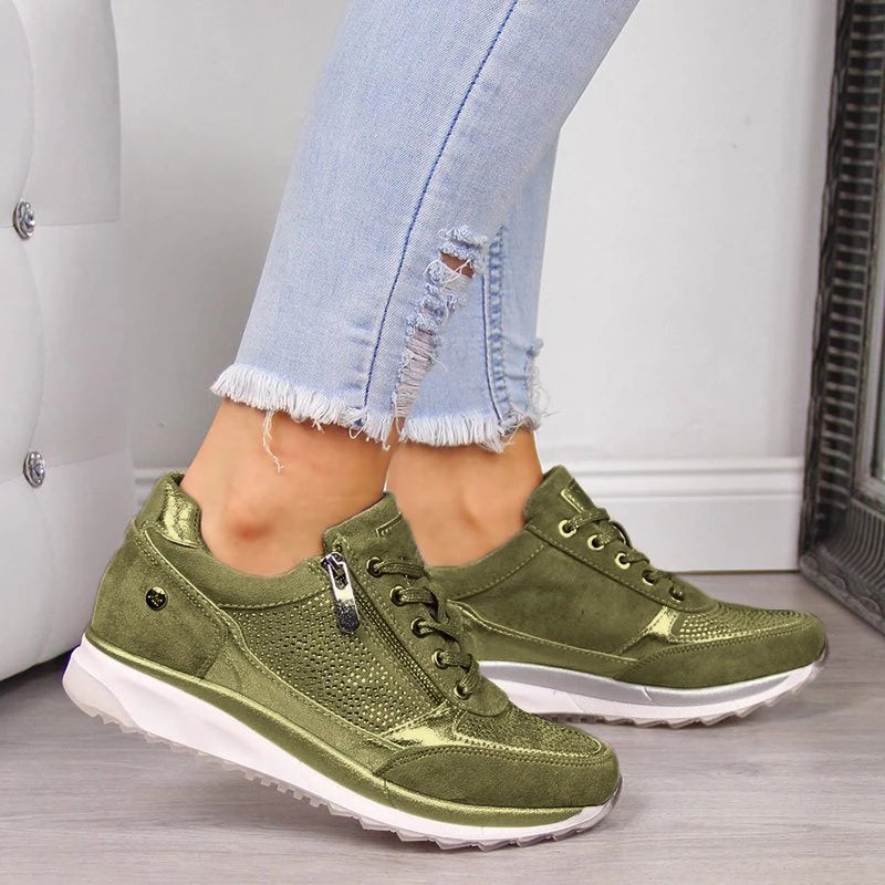 MEELANO Åndbare Og Støttende Sneakers Til Kvinder Med Lynlåslukning Grøn