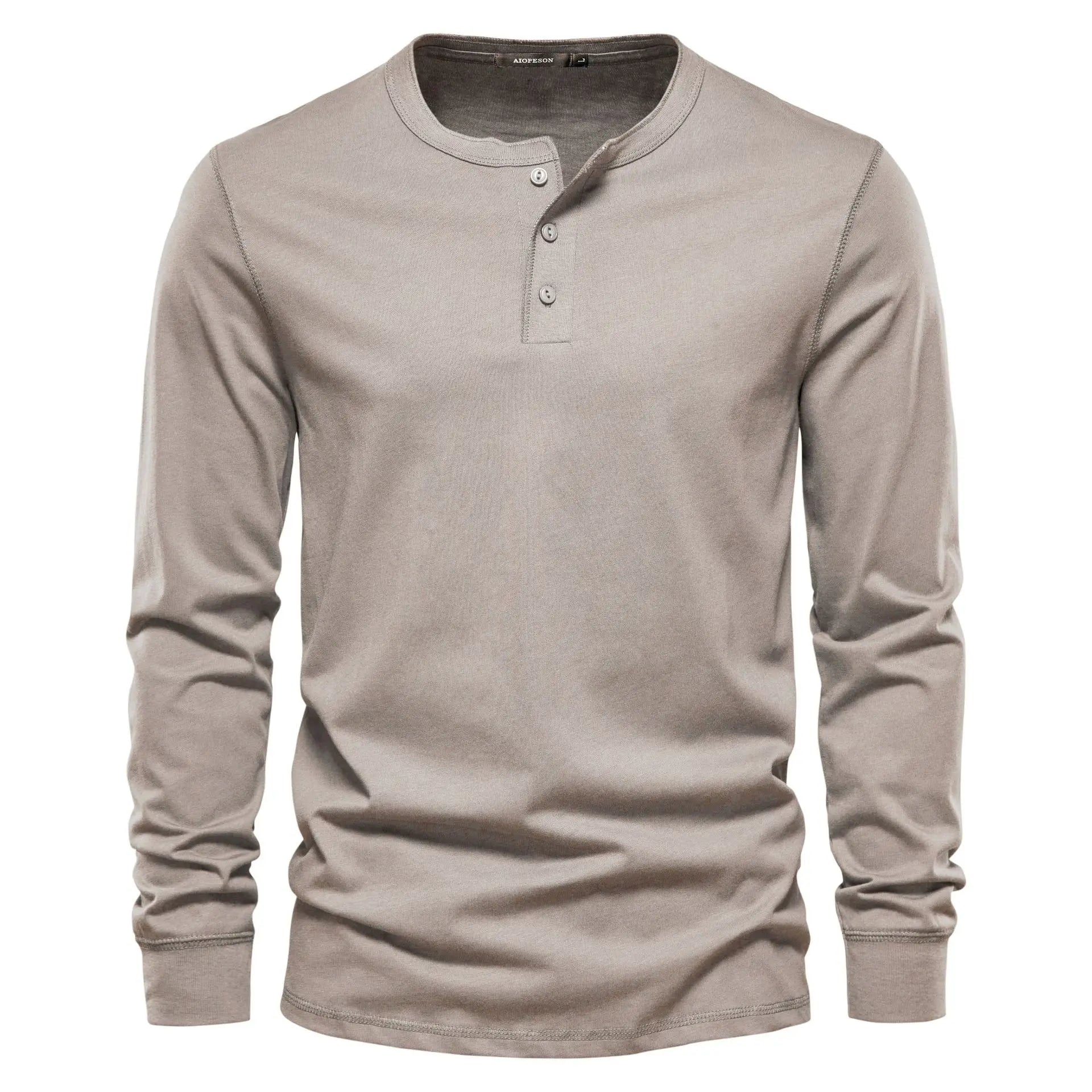 MEELANO Klassisk Herre Langærmet Bomulds Henley Skjorte Beige
