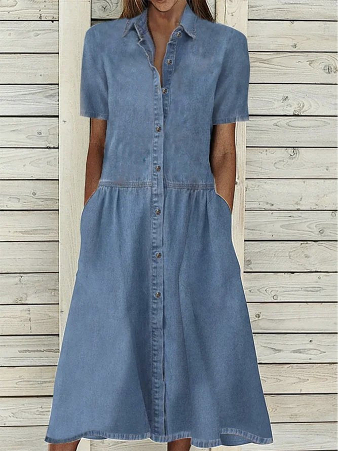 MEELANO Kvinder Kjoler Afslappet Krave Knap Lomme Denim Kjole – Tidløst Design til Hverdag & Komfort Blå