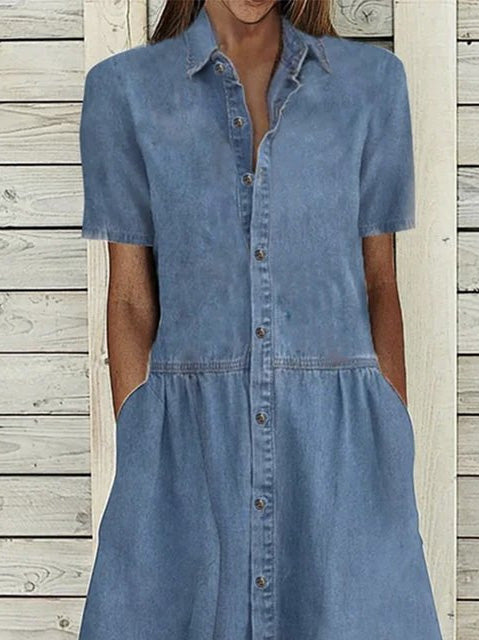 MEELANO Kvinder Kjoler Afslappet Krave Knap Lomme Denim Kjole – Tidløst Design til Hverdag & Komfort