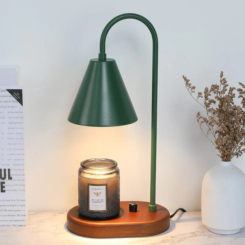MEELANO Lysevarmer med Dæmper – Candle Warmer Lampe med Træfod & Metalskærm, Duftlys uden Åben Ild, inkl. 2 Pærer, 3 Farver
