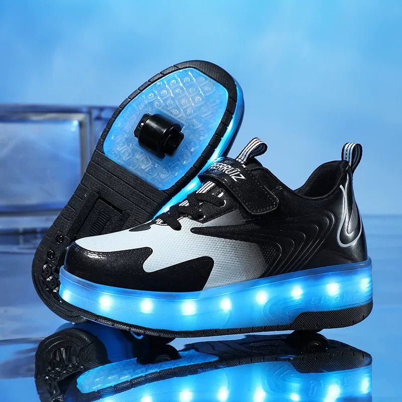 MEELANO LED Rulleskøjte-Sneakers til Børn – Lysende Sko med Hjul & Velcrolukning, 4 Farver, Str. 28–39 812 Sort