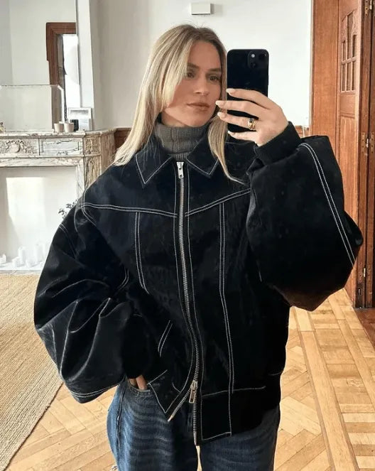 MEELANO Roque | Dame Oversized Læderjakke i Sort Læder - Biker Overgangsjakke Sort