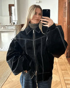 MEELANO Roque | Dame Oversized Læderjakke i Sort Læder - Biker Overgangsjakke Sort
