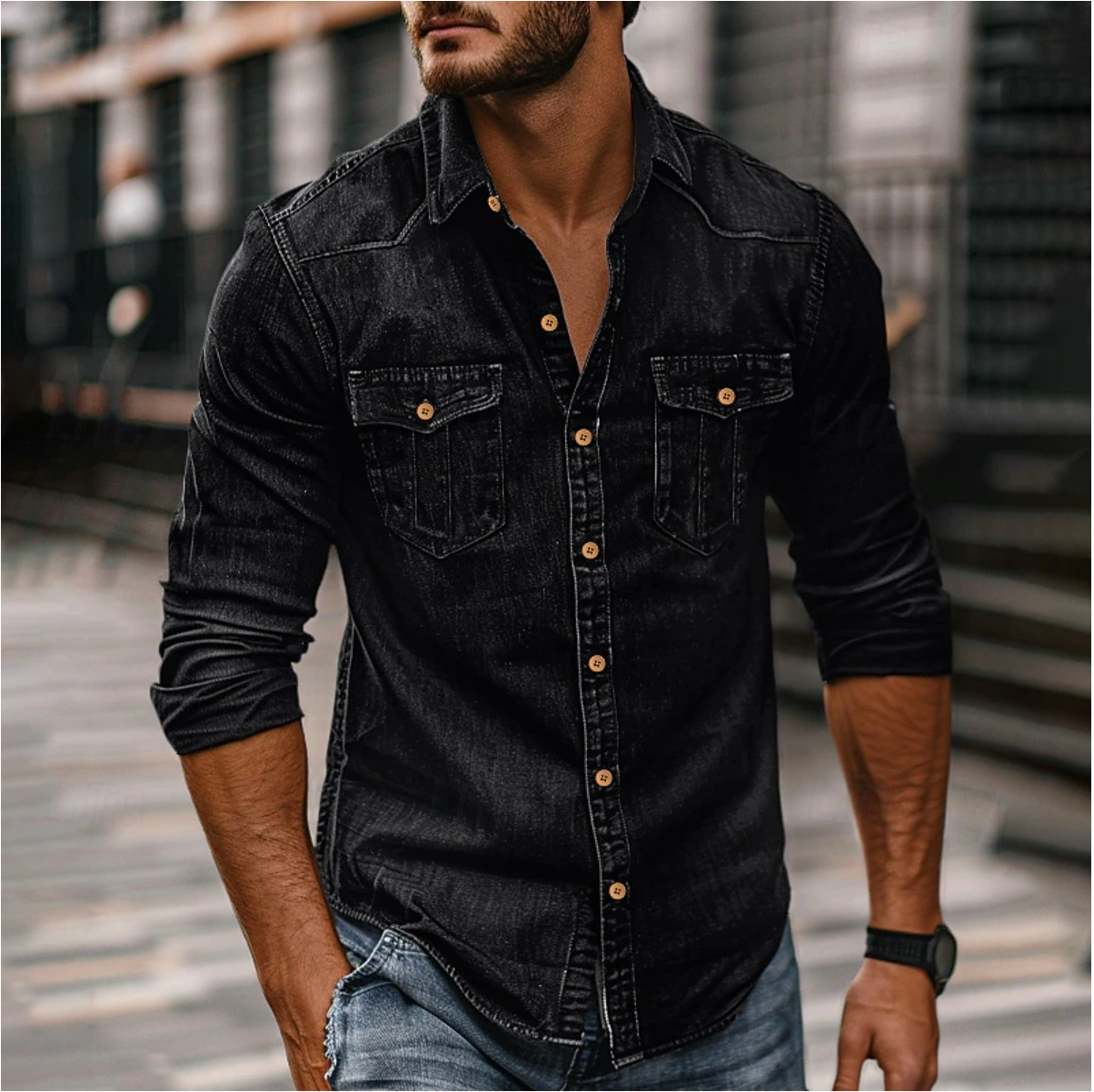 MEELANO Hans Denim Skjorte Til Mænd Klassisk Stil og Holdbarhed Sort