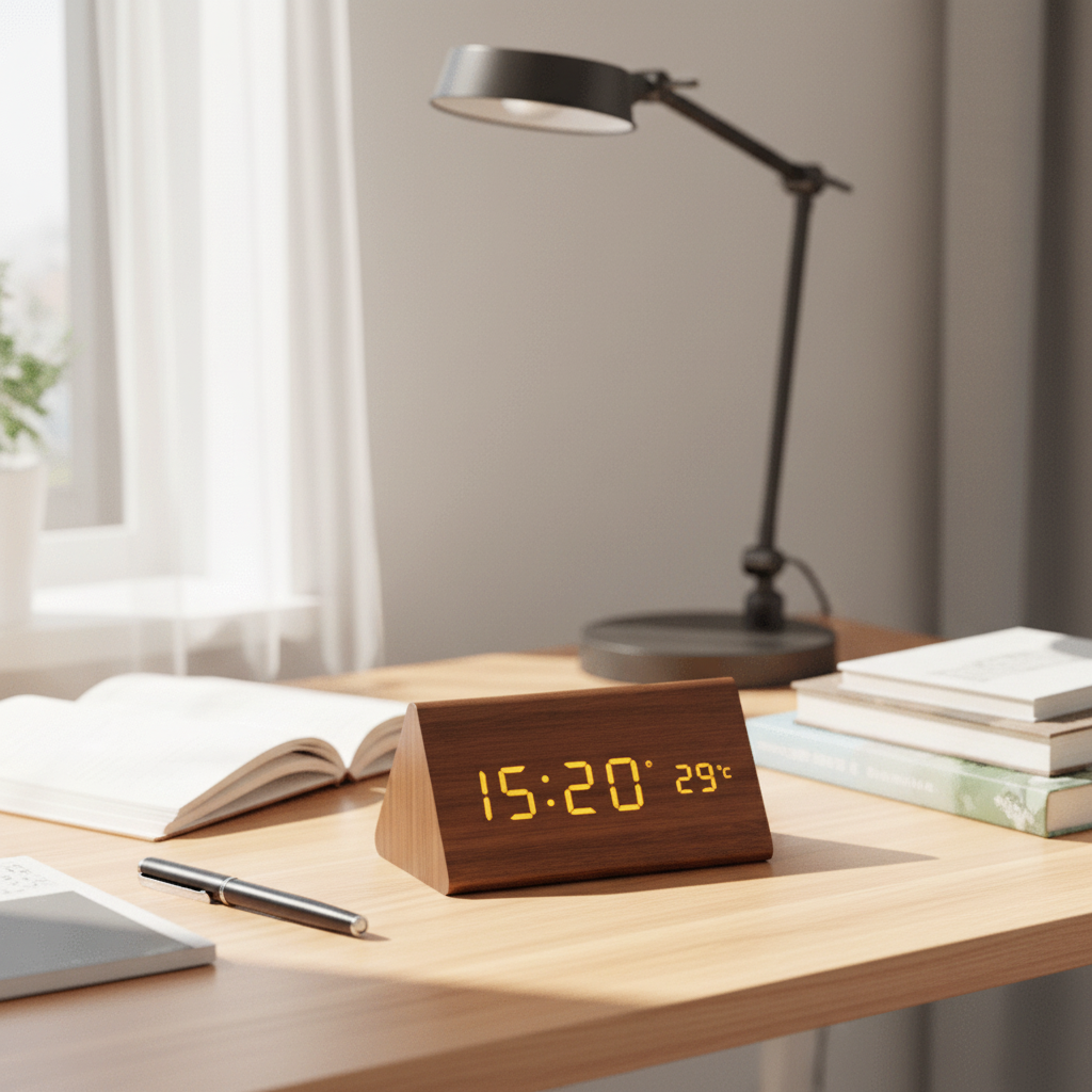 MEELANO LED Digitalur i Træ – Lydaktiveret Vækkeur med Justerbar Lysstyrke, Batteri eller USB, 8 Varianter