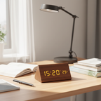MEELANO LED Digitalur i Træ – Lydaktiveret Vækkeur med Justerbar Lysstyrke, Batteri eller USB, 8 Varianter