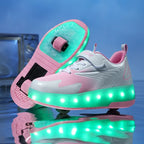 MEELANO LED Rulleskøjte-Sneakers til Børn – Lysende Sko med Hjul & Velcrolukning, 4 Farver, Str. 28–39 812 Lyserød