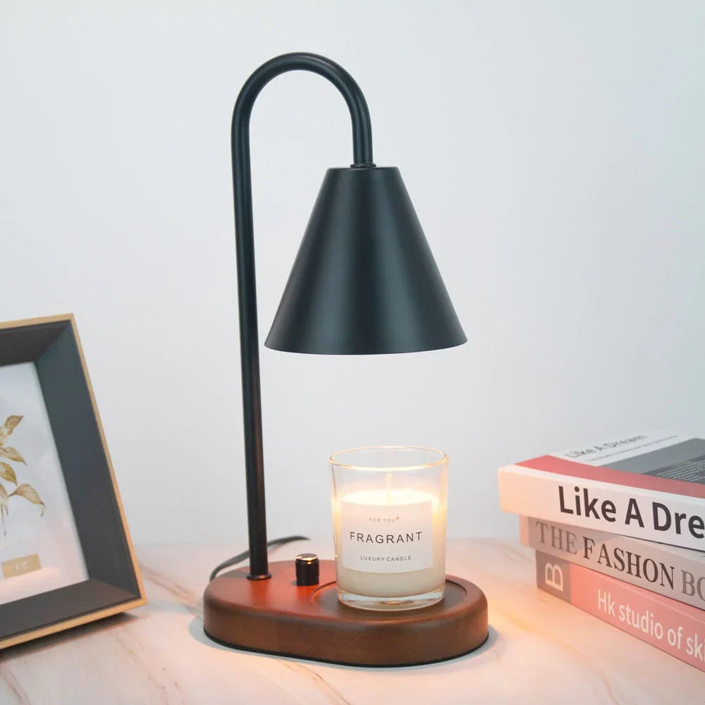MEELANO Lysevarmer med Dæmper – Candle Warmer Lampe med Træfod & Metalskærm, Duftlys uden Åben Ild, inkl. 2 Pærer, 3 Farver