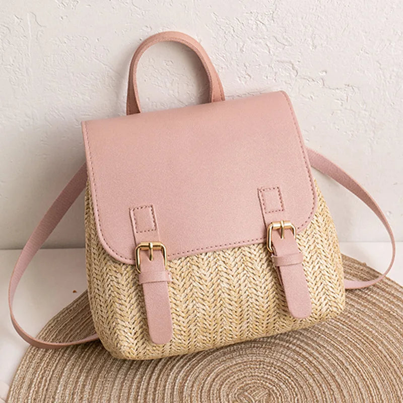 MEELANO Kvindernes Vintage Vævede Rygsæk Boho Sommer Strå Dagpack Pink