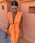 MEELANO Ēden | Dame Elegant Festkjole med Dyb V-Hals - Figursyet Selskabskjole Orange