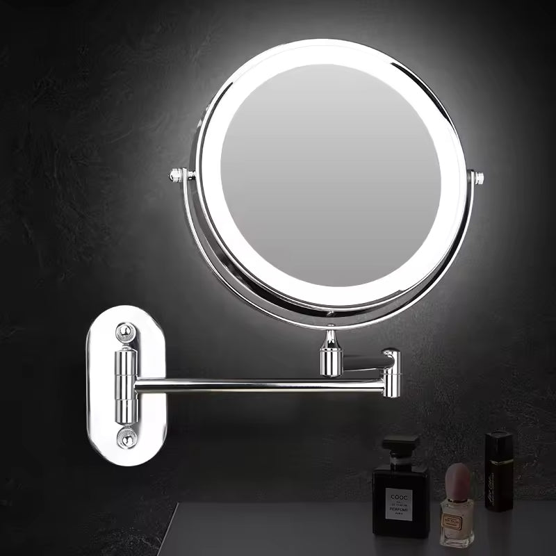 MEELANO Makeupspejl med Lys – Trådløst Genopladeligt LED Spejl med Forstørrelse & 3 Lysfarver, Dæmpbart – LumiAura Sølv