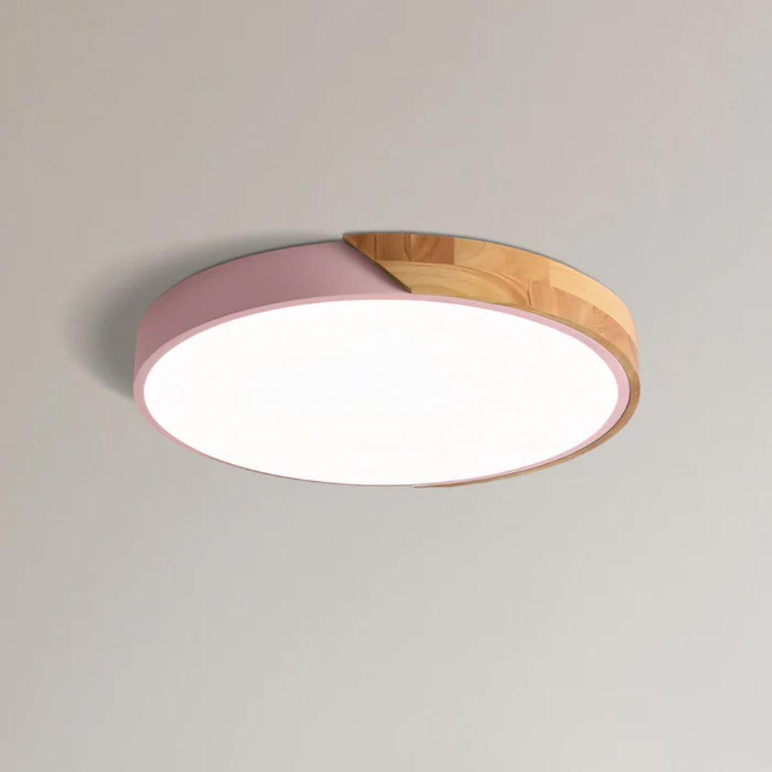 MEELANO Skandinavisk LED-loftlampe af træ til stue, soveværelse og entre Lyserød D30 cm Med træ
