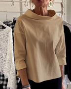 MEELANO Manda | Langærmet dametop med vandfaldsudskæring | Casual khaki