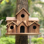 MEELANO SongbirdHaven Håndlavet Træfuglehus – 6 Indgange, Rustikt Design til Haven