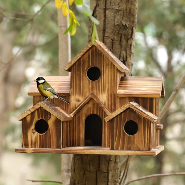 MEELANO SongbirdHaven Håndlavet Træfuglehus – 6 Indgange, Rustikt Design til Haven