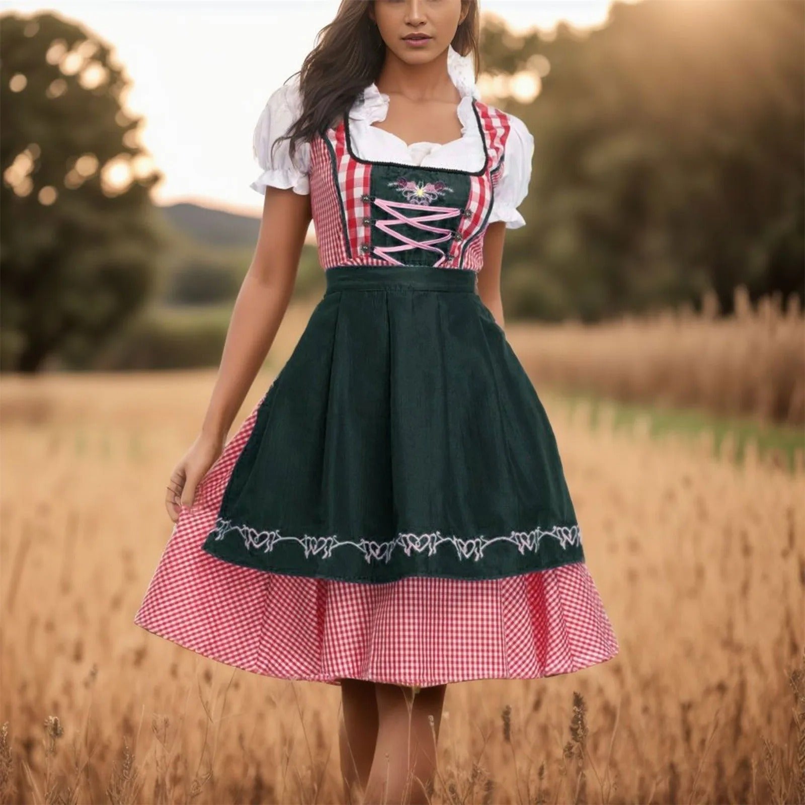 MEELANO Oktoberfest Dirndl Ternet Kjole Traditionel Bayersk Stil Til Fest Og Ølfestivaler Grøn