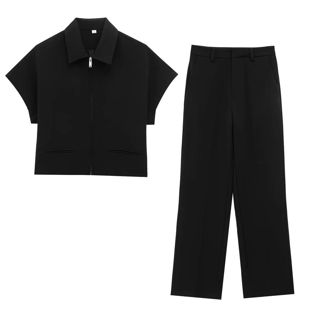 MEELANO Sommersæt Til Kvinder Slim Lapel Lynlås Top Og Vide Ben Bukser Sort Sort sæt
