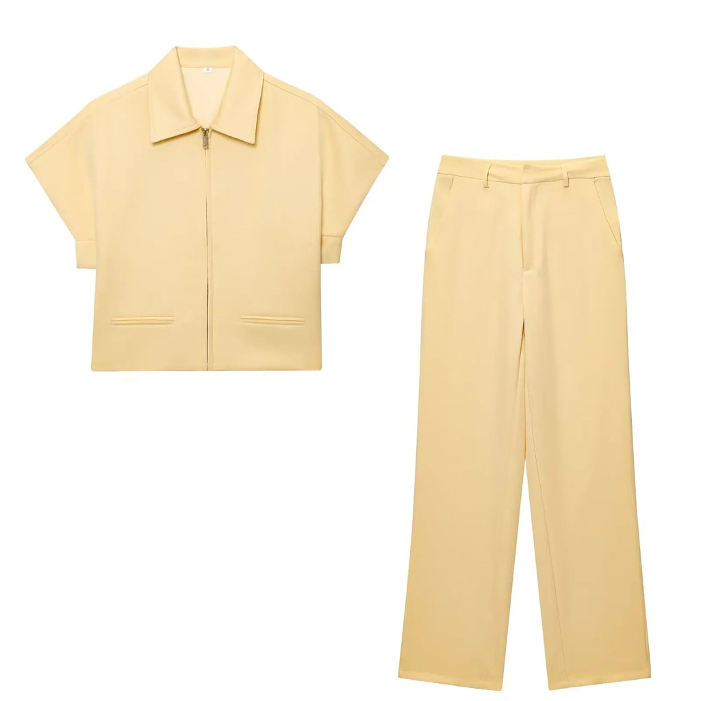 MEELANO Sommersæt Til Kvinder Slim Lapel Lynlås Top Og Vide Ben Bukser Sort Gul sæt