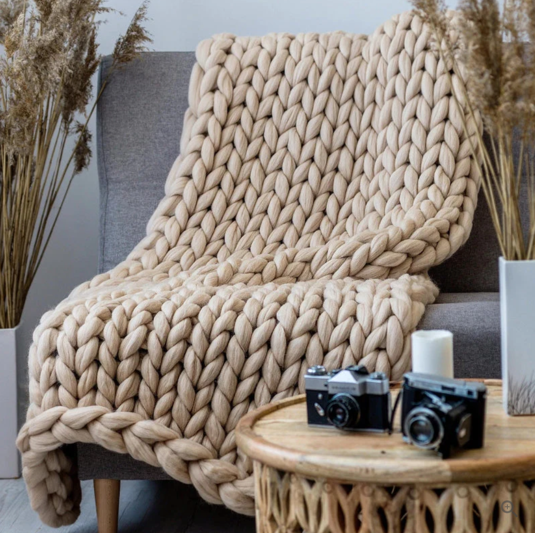 MEELANO Taavita Merino Uldtæppe Håndstrikket Luksus Tidløst Beige