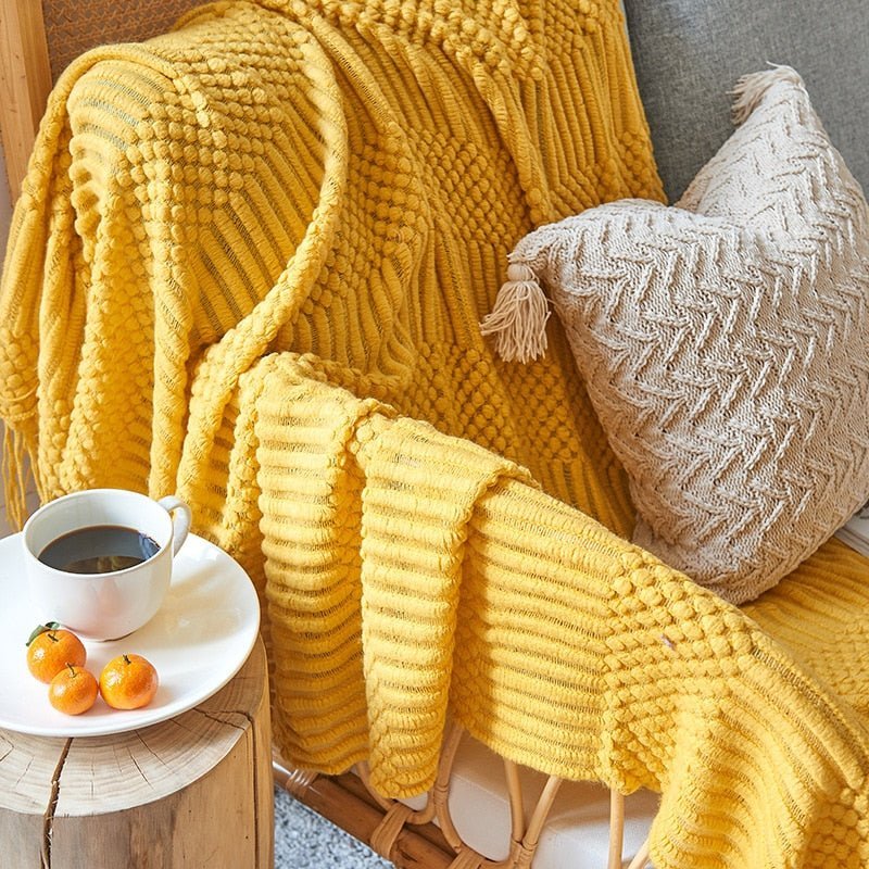 MEELANO Style Sofa Strikket Tæppe – Skandinavisk Elegance & Komfort Gul