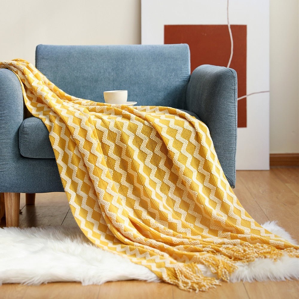 MEELANO Style Sofa Strikket Tæppe – Skandinavisk Elegance & Komfort Hvid & Gul