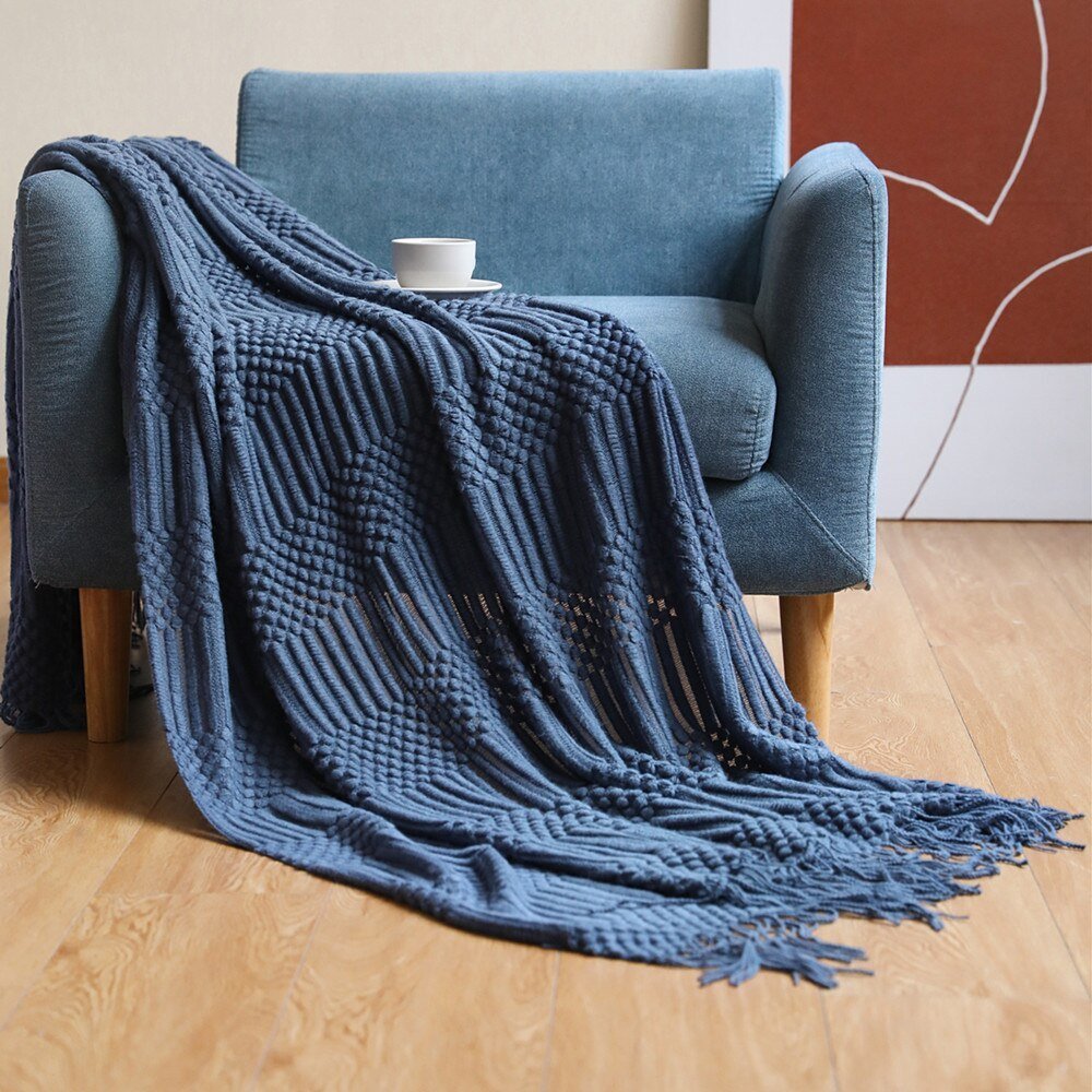 MEELANO Style Sofa Strikket Tæppe – Skandinavisk Elegance & Komfort Blå