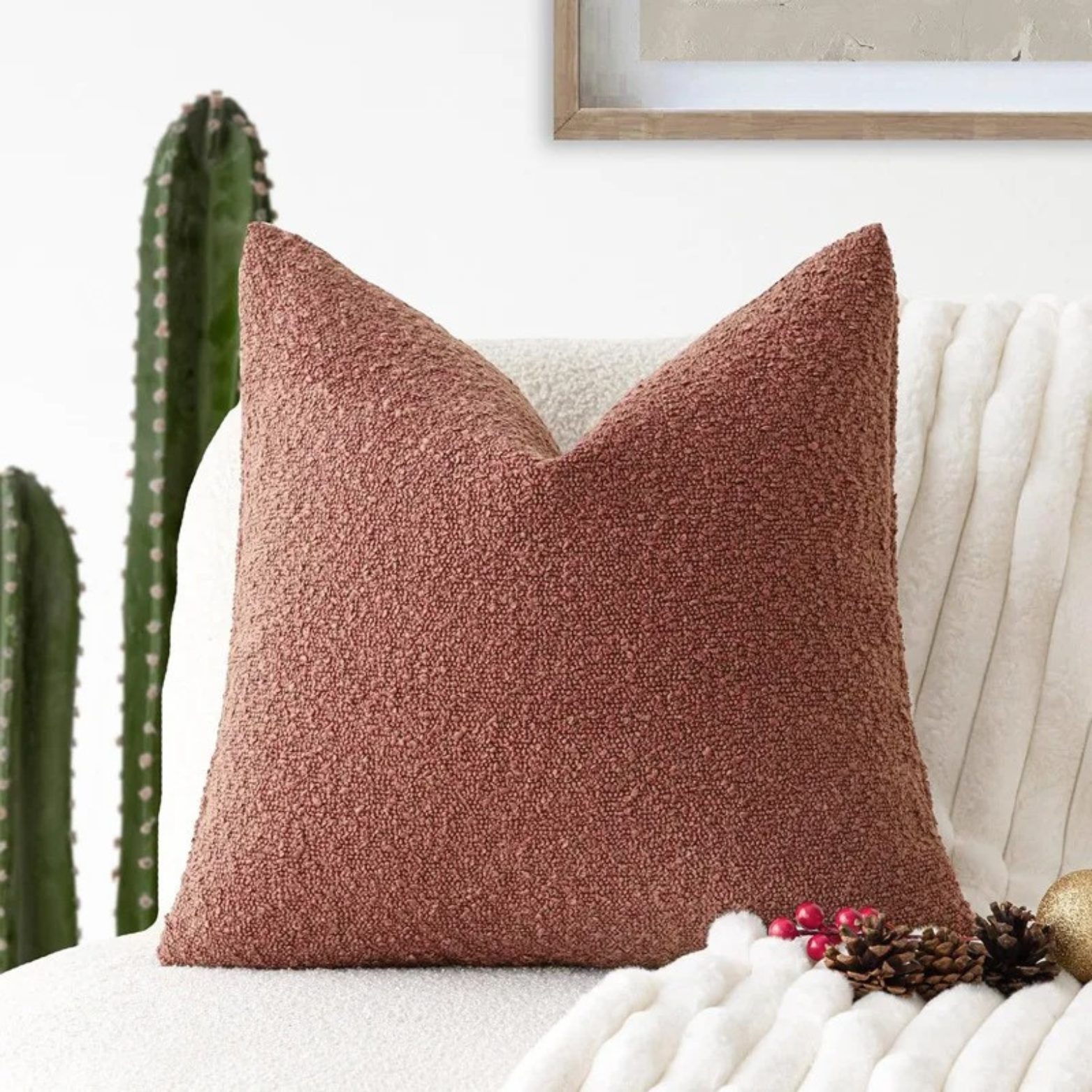 MEELANO Tulum Pude – Pudebetræk i Boucléstof (45×45 cm) med Elegant Design Orange Rustrød