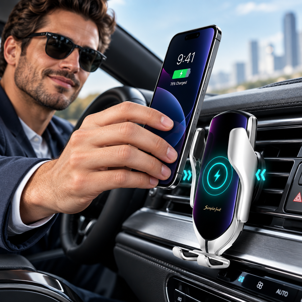MEELANO Automatisk Mobilholder til Bil med Trådløs Oplader – Qi Telefonholder med Infrarød Sensor & 360° Rotation – GripCharge