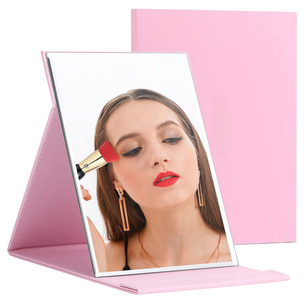 MEELANO Kompakt Makeupspejl med Stativ – Foldbart Rejsespejl til Makeup, Bærbart & Let, Sort eller Pink Pink