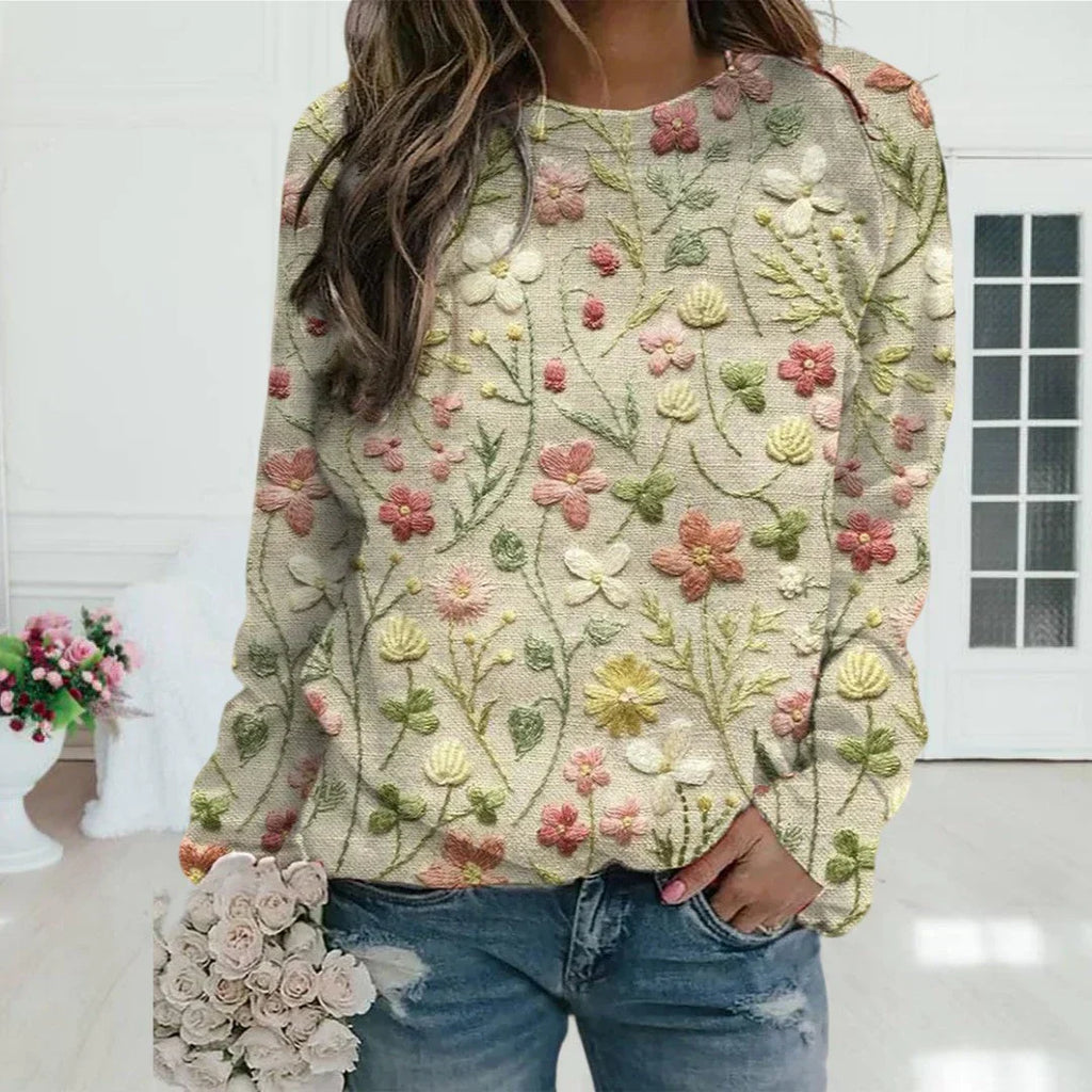 MEELANO Dame Striktrøje Cardigan - Varm Hverdagstrik med Blomsterbroderi