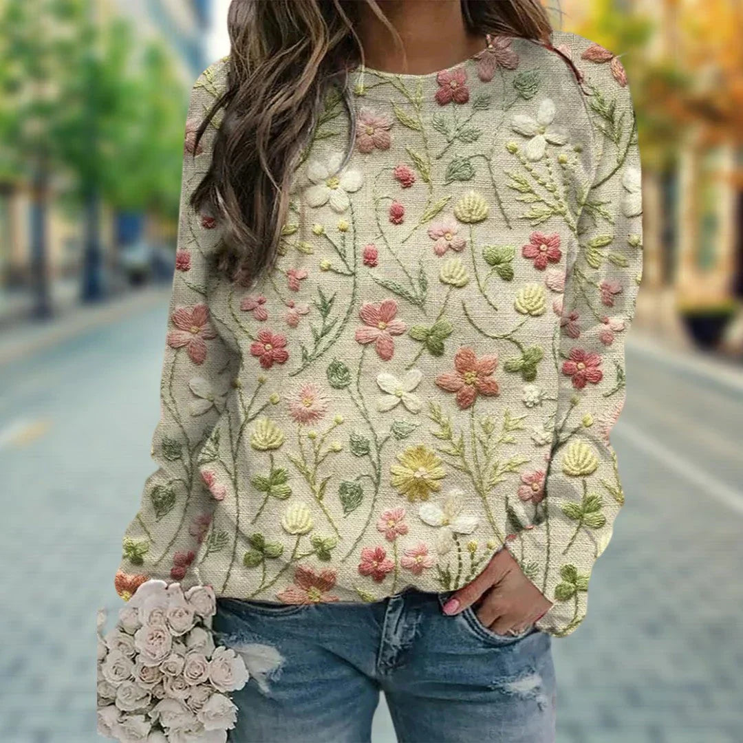 MEELANO Dame Striktrøje Cardigan - Varm Hverdagstrik med Blomsterbroderi Beige